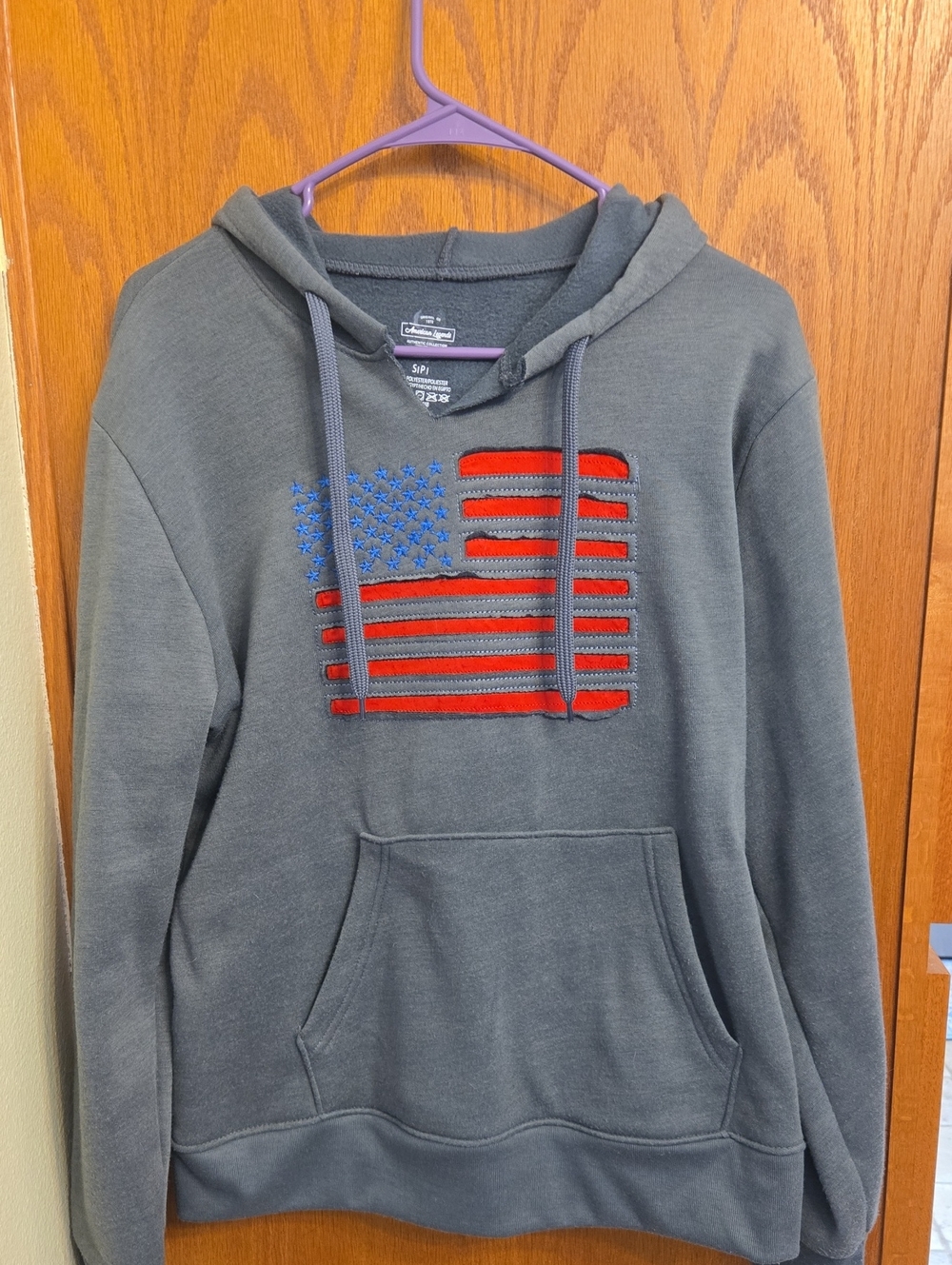 Men's Gray Pullover Hoodie with Embroidered American Flag